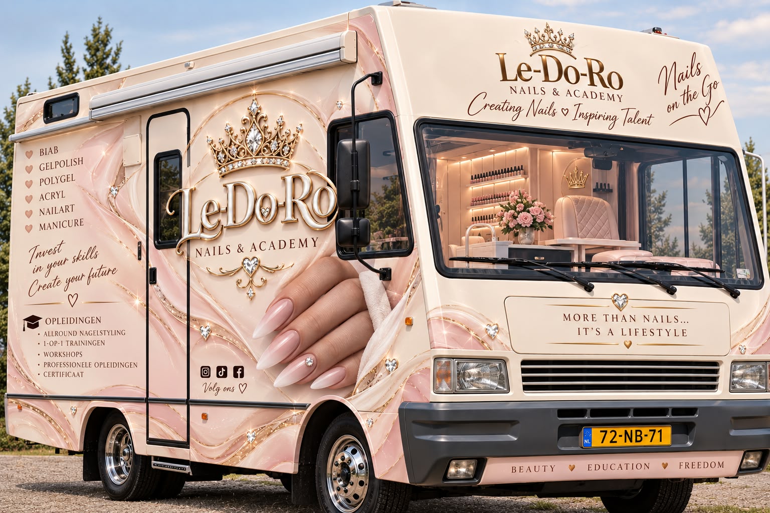 De LeDoRo Nail Truck: crème en zachtroze, met het gouden kroonlogo op de zijkant